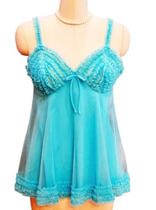 VINTAGE  '50s '60s TURQUOISE NYLON RUFFLED BABY DOLL SHORTY PAJAMA SET + PANTIES - Picture 1 of 6