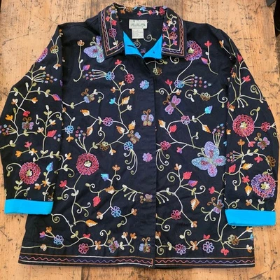 QUACKER FACTORY L Black Butterfly Embroidered Jacket Whimsical Artsy Grandmacore - Image 1 of 4