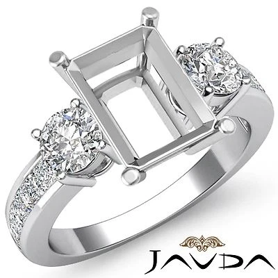 Unique 3 Stone Round Emerald Semi Mount Diamond Wedding Ring 14k White Gold 1Ctw - Image 1 of 3