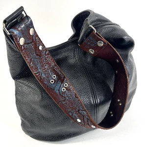 Katie Kalsi Leder Hobo Style Tasche Handtasche Western schwarz breiter Riemen rot/blau - Bild 1 von 14