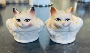 VINTAGE KITTY CATS OR KITTENS IN WICKER BASKETS SALT & PEPPER SHAKERS - Picture 1 of 4