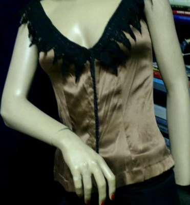 Miguelina Silk Crochet Top Cami Brown Black Small  - Image 1 of 4