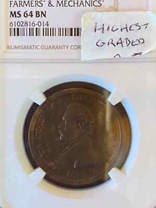 1869 NEW YORK, NY.   RULAU TOKEN  R-NY-NY-72   FARMERS' & MECHANICS  NGC  MS64BN - Picture 1 of 7