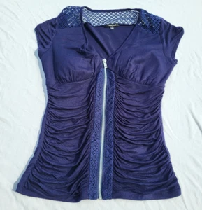 Heartsoul Shirt Women's XL  Blue Ruffle Short Sleeve Full Zip Built in Bra Y2K - Picture 1 of 9