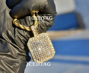 MEN'S FULL ICED GOLD PT BLING-ED OUT DOG TAG HIP HOP PENDANT, 24" ROPE CHAIN SET - Picture 1 of 5