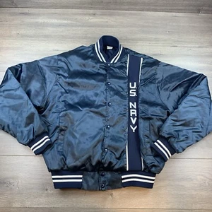 Vintage US Navy Varsity Letterman Style Bomber Jacket Men’s XL Blue Made In USA - Picture 1 of 16