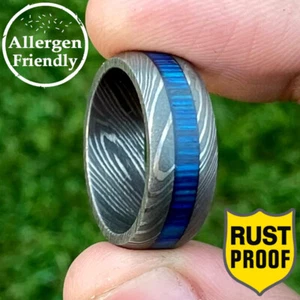 Customized Blue Dyed Wood Inlay Liner Damascus Steel 8mm Ring Handmade Wooden - Picture 1 of 10