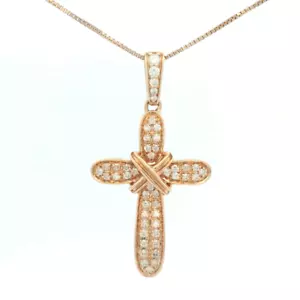 Ciondolo croce diamante bordo tondo oro rosa massiccio 14 carati 29X16 mm 0,20CTW - Foto 1 di 4