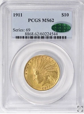 1911 $10 OURO CABEÇA DE ÍNDIO ÁGUIA PCGS MS 62 CAC - Imagem 1 de 4