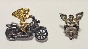 Set of 2 Angel Riding Motorcycle Bike Hat Lapel Pin or Tie Tack - Picture 1 of 3