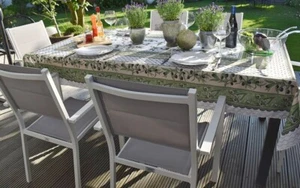 Iron-Free Tablecloth 150X300 Cm Green White Olive Motif From France Provence - Picture 1 of 6