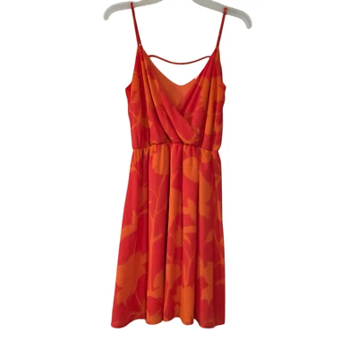 Everly Short Dress Womens Orange Pink Small Spaghetti Strap Pleated V Neck Boho - Image 1 of 4