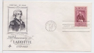 TurtlesTradingPost -  Marquis de Lafayette #1097- 1957 Artcraft FDC Fayetteville - Image 1 of 2