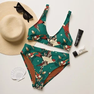 Conjunto de bikini Rockabilly Bird cintura alta - Traje de baño retro verde años 50 - Imagen 1 de 10