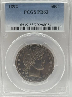 Medio dólar barbero 1892 50c prueba calificado por PCGS PR 63 ¡Hermoso! De colección 1.245 Foto 1 de 4