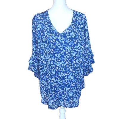 Valolia Womens Top 2X Plus Blue Floral Flowy Feminine Casual Office Church NWT - Image 1 of 4