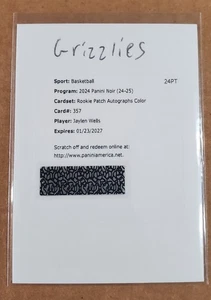 2024-25 Panini Noir Jaylen Wells Redemption Rookie Patch Autographs Color /99 - Picture 1 of 2