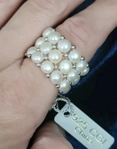 STERLING SILVER & FRESHWATER BUTTON PEARL Woven Stretch Ring Sz 7.5 8 CGI 925 - Picture 1 of 9