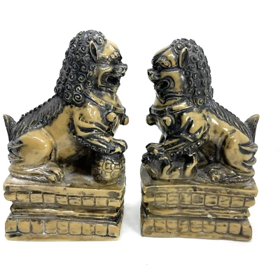 Vintage Chinese Pair Solid Resin Foo Dog Statues  Male & Female 6.25" Set of 2 - Image 1 of 4