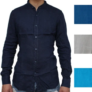 Camicia Lino Manica Lunga Collo Coreana A Pistagna Uomo Slim Fit S M L XL XXL - Foto 1 di 11