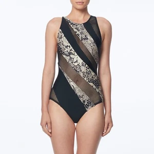 NWOT  Black & ORNAMENTAL FLORAL Carmen Marc Valvo One-Piece Swimsuit size 12 - Picture 1 of 2