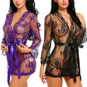 Sexy Women's Lace Sheer Lingerie Kimono Robe Dress Nightgown Sleepwear Babydoll - Picture 1 of 20