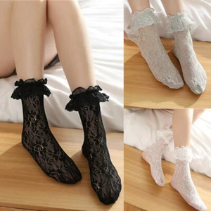 Calcetines de encaje para mujer con volantes princesa volantes malla red niñas calcetines tobillo - Imagen 1 de 11