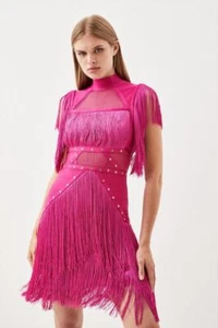 Brandneu mit Etikett Karen Millen Nieten Fransen Netzeinsatz Bandage Mini Kleid Fuchsia XS UVP 139 £ - Bild 1 von 5