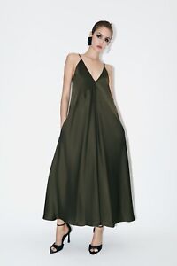 ZARA Long Sating Slip Dress Wide With Pockets ZW Collection L Khaki Dark Green