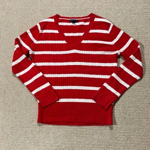 Tommy Hilfiger Jumper Womens Medium Red White Cable Knit Striped Cotton Sweater - Picture 1 of 11