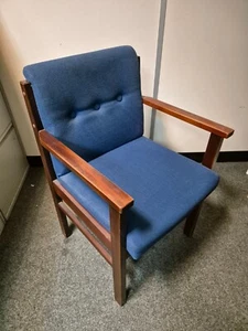 Blue fabric padded reception meeting/waiting room office chair with wooden frame - Picture 1 of 3