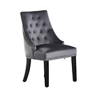 Dark Grey Velvet Dining Chairs Upholstered Seat & Back Wooden Legs Dining Room