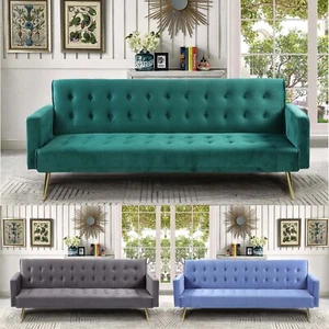 Nour Sofa Bed 3 Seater Luxury Velvet Contrast Legs Button Detail Click Clack - Picture 1 of 43