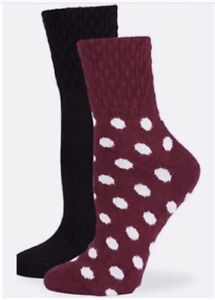 HUE Women's 2 Pack Quilted Soft Crew Boot Socks - Black /Wine Dot (One Size)