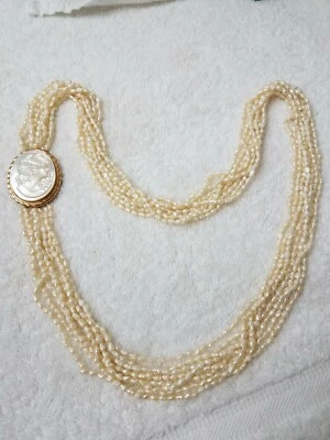 Gorgeous Carved Shell Cameo Pendant Natural Seed Pearl Statement Necklace NE063 - Image 1 of 4