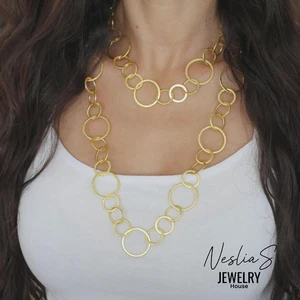 Lange Gold Kette – Große Satinierte Ringglieder, Eleganter Statement Schmuck - Picture 1 of 15