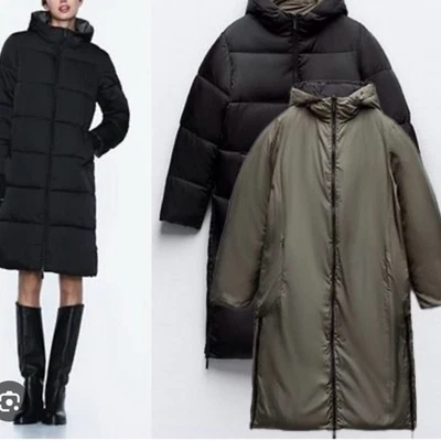 ZARA Mujer Negro Oliva Largo Cremallera Capucha Abrigo Reversible Parka Puffer Ancrak M Foto 1 de 4