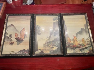 Vintage Asian Wall Art Triptych (3) Chinese Sailing Junk Boats Framed Prints - Picture 1 of 18