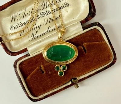 Handmade Carved Carnelian & Zircon Pendant Necklace in Gold-Plated Silver Chain - Image 1 of 4