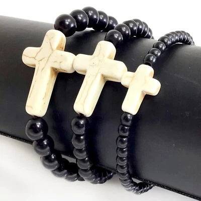 Cross Bracelet Handmade Beaded Howlite Turquoise Bead 7.5" 4mm 6mm 8mm Christian - Image 1 of 4