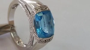 14K Solid White Gold Blue Stone Diamond Accent Ring - Picture 1 of 8