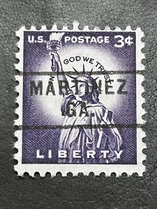 MARTÍNEZ, GEORGIA Precancel TYPE 729 on a Three Cent Statue Of Liberty Stamp - Picture 1 of 1