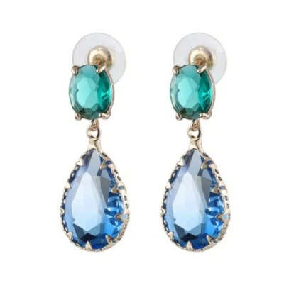 Newest Teardrop Blue Tourmaline Oval Quartz Yellow Gold Plated Stud Earrings  - Image 1 of 4