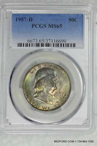 PRETTY TONED PCGS MS65 1957-D FRANKLIN SILVER HALF DOLLAR 50c  (BC90) Cover