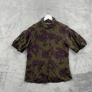 Puzzle Bluse Damen UK 10 grünes Shirt 100 % Seide Blumenmuster Puff Ärmel Knopf - Bild 1 von 9