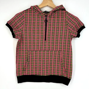 Kidpik Girls Large Short Sleeve Hoodie Knit Top Neon Pink Green Plaid 1/4 Zip - Picture 1 of 8