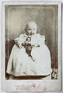 Cabinet Card Studio Portrait Happy Baby Holding Doll - Picture 1 of 2