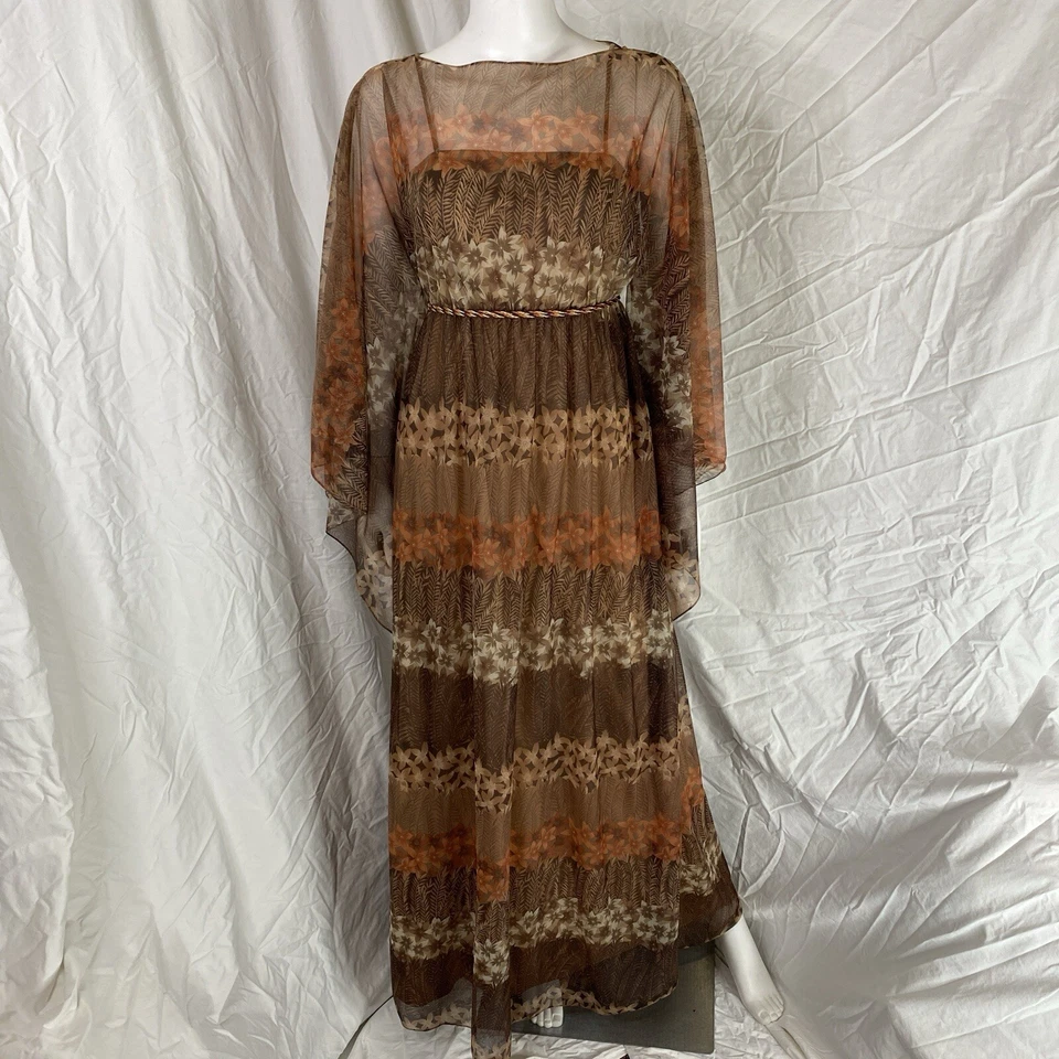 Maxi vestido manga kimono chifón años 60 70 capas talla 9/10 boho hippy cinturón Foto 1 de 4