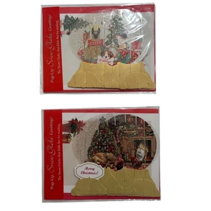 2 Pop Up Snow Globe Christmas Greeting Cards Holiday Dog Lover Room Puppy - Picture 1 of 8