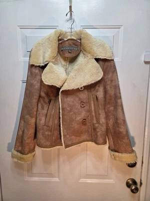 Kenneth Cole Reaction 人造麂皮绒夏尔巴夹克棕色剪羊毛衬里女式 XS — 第 1/4 张图片